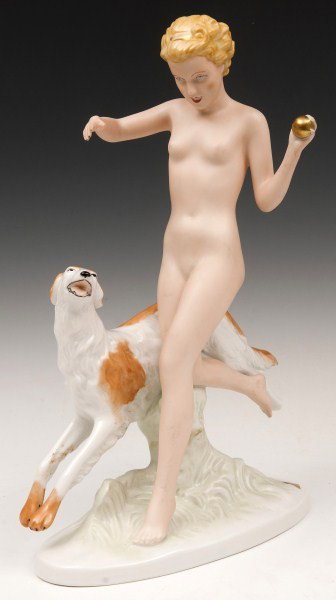 Royal Dux Nude w/ Borzoi: Royal Dux running nude young woman with a Borzoi, porcelain figure, 14"h x 4"w x 10"l