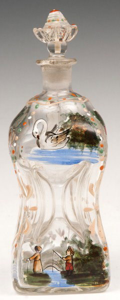 Stiegel Type Enamel Decorated glass bottle, 19th c: Stiegel type enamel decorated glass bottle with stopper c 1800