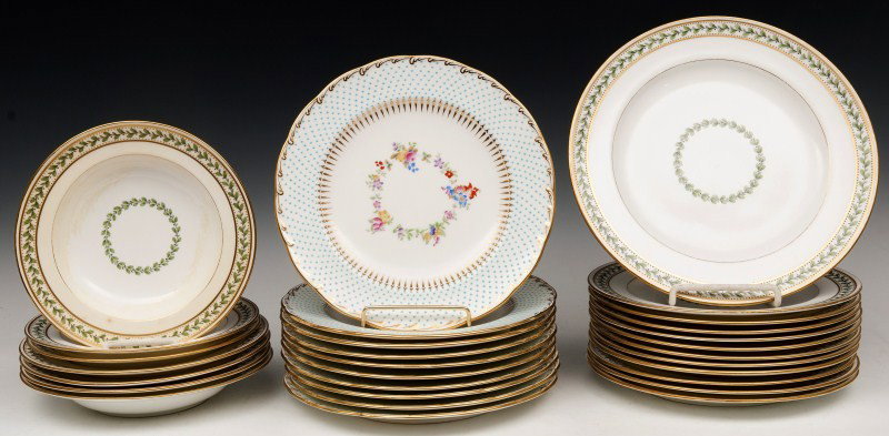 Tiffany & Company Minton Service Plates & Minton J: Tiffany & Company minton service plates with wreath designed trim and center decoration, (1) 10" plate, (11) 9" plates, (4) 8" bowls and (2) 7 3/4" bowls together with (10) 9 1/4" Minton J.Seth Hopkin