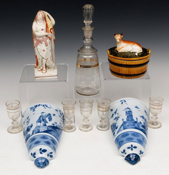 Staffordshire & Early Glass Lot: 19th C Staffordshire figure of a woman, early glass decanter, cordial set, Portuguese lidded jar with cow and contemporary wall pockets