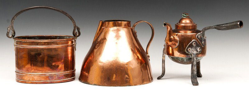 18th C Copper Lot: 18th C footed copper fireplace tea kettle with an 18th C copper pot and haystack type pitcher