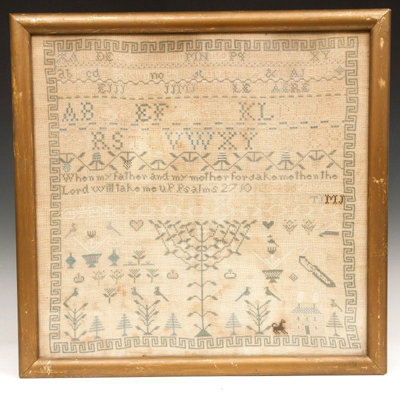 19th C Sampler, Signed: 19th C English sampler, signed and dated 1828