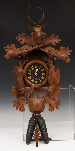 German Black Forest Coo-Coo Clock: German Black Forest style coo-coo clock with 2 weight movement, acorn weights, 23"h x 15"w