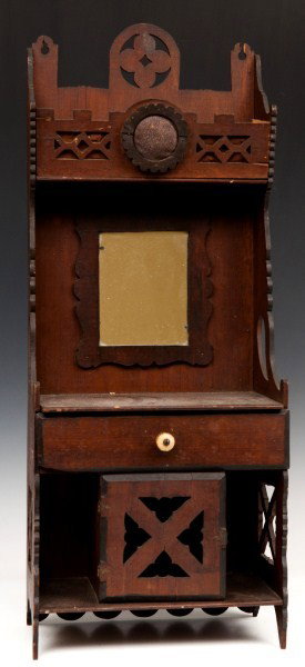 Early Tramp Art Hanging Shelf: Early Tramp Art hanging shelf with compartments for shaving mug and comb