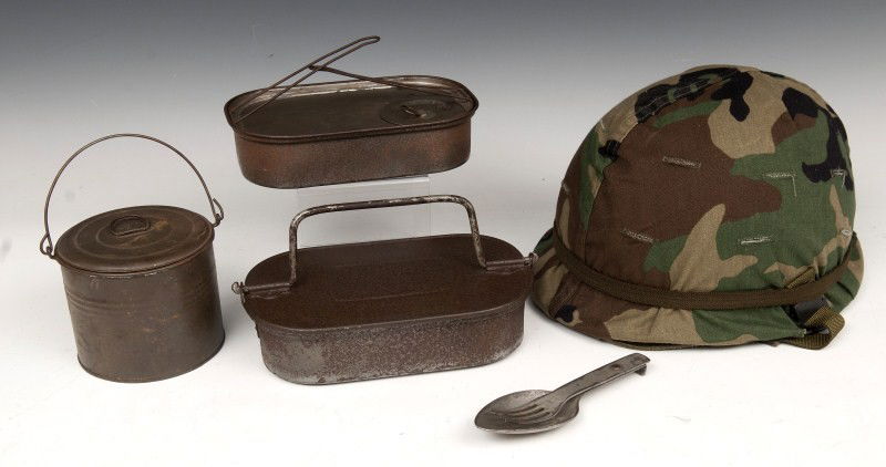 American Helmet, Mess Kit etc.: American helmet, mess kit fork, tin and fork and spoon