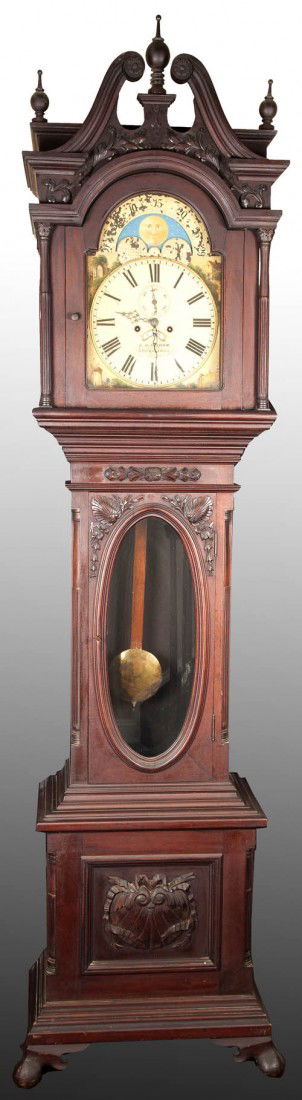 Fine 19th Century 8 day Grandfather’s Clock: Fine 19th Century 8 day Grandfather’s Clock, works by "G.A. Ingram Abergavenny”, Wales UK, tiered, bonnet with finials and broken arch pediment, elaborately decorated, Tiffany type, mahogany case