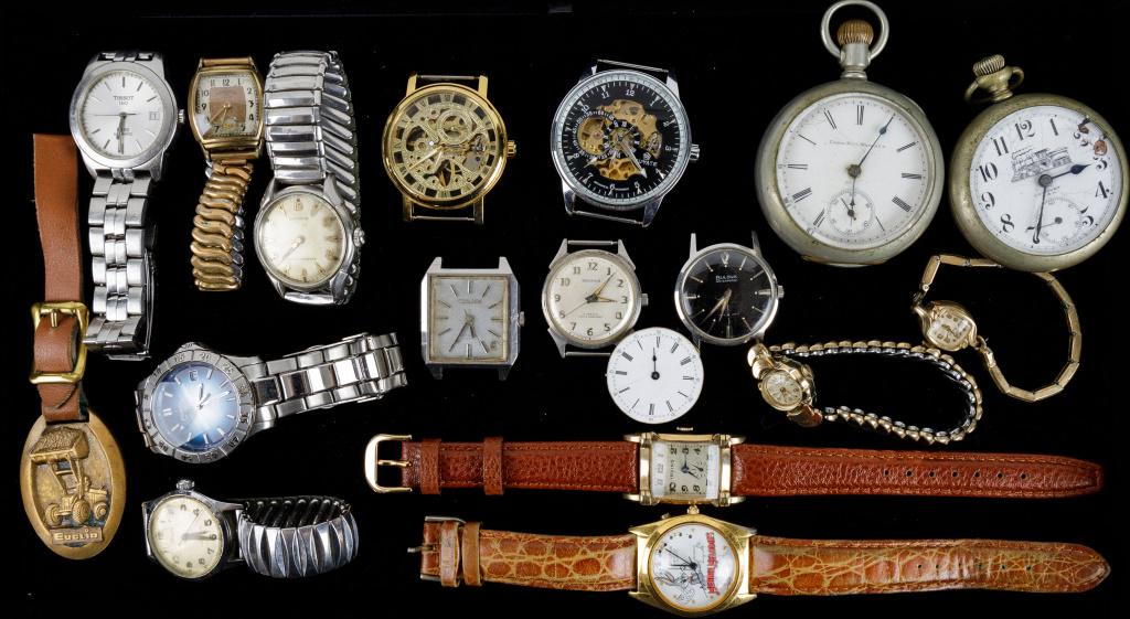Pocket, Wrist Watches & Movements: Elgin National Watch Co. 15 jewel Silveroid pocket watch (runs very briefly when rotated) and Elgin ladies wrist watch (ran when wound), Century USA pocket watch (won't wind, loss to face), Bulova bla