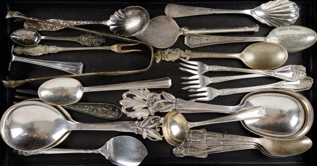 Sterling Plated Silverware, Novelty Spoons: 1965 Tony the Tiger spoon, Princess House childs lamb fork, 4 of the 5 Dionne quintuplets spoons, (missing Annette), 1933 Clara Lu'N'Em Science court Worlds Fair spoon, and more.