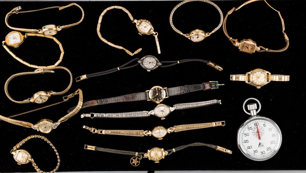 Vintage Ladies Wristwatches: Featuring Hamilton (some working), Caravelle, Bulova (some running), Hampden (has masonic charm), Helbros, Gotham, and more,