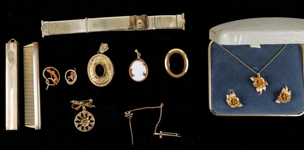 Victorian, Gold Filled Jewelry & More: A&Z 1/20 12k gold filled rose necklace and matching earrings, Victorian stick pin with sword on chain (red stone glass, purple tested amethyst), 2 coral pins (1 marked 1/20 12k), 1/20 12k black stone