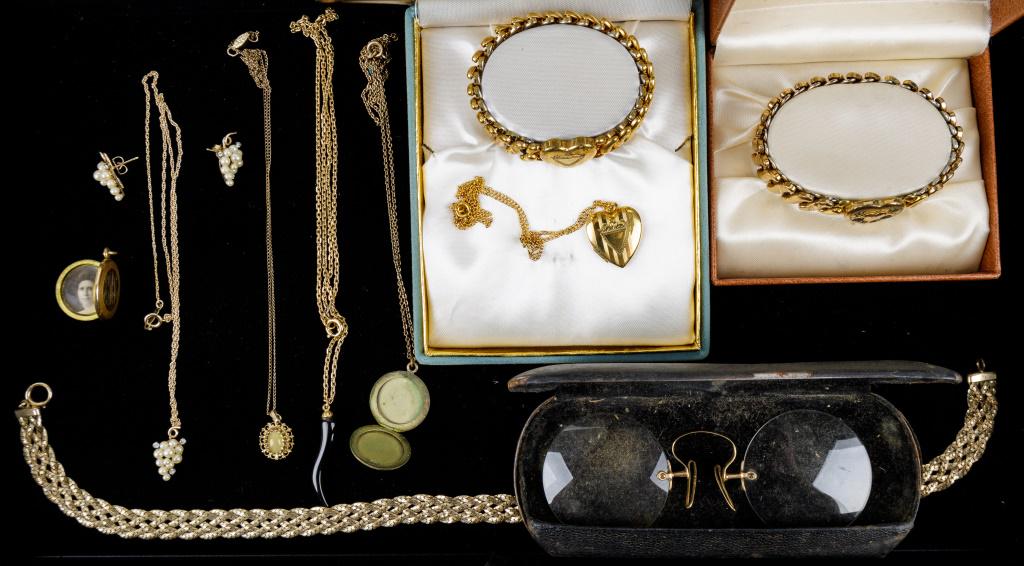 Gold Filled Jewelry, Pince Nez: 1/20 12k gold filled braided chain necklace, Pitman & Keeler 'American Queen' expanding bracelet and matching locket set in original box, Carmen by Briggs expanding bracelet in original box, Krementz 