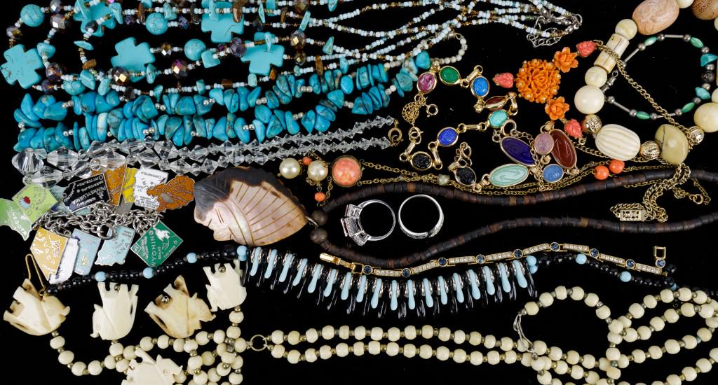 Vintage & Other Jewelry: Bone bead elephant necklace, turquoise style necklaces, shell Native American Chief, scarab bracelets, coral style necklace, state charm bracelet, and more.