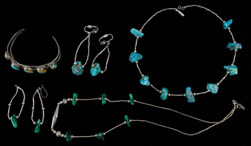 Native American Style Gemstone Jewelry: Native American style gemstone necklaces with matching earrings, in malachite and turquoise style, and turquoise style cuff bracelet.