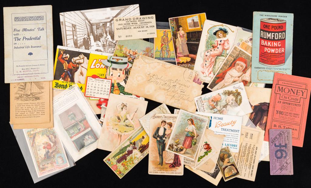 Antique Trade, Tobacco Cards, Vintage Mail: Variety of antique and vintage items including trade and tobacco cards, postcards, WWII letter, advertising, Lone Ranger bread ruler, 1956 calendar and more.