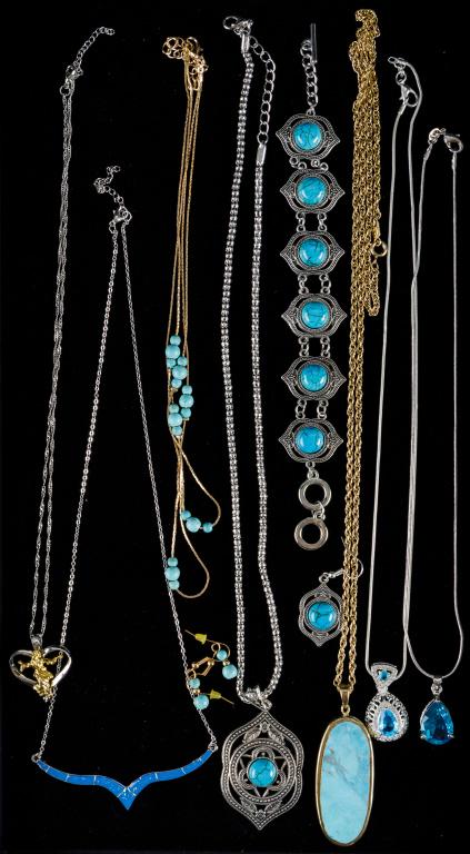 Blue Stone & Faux Turquoise Themed Jewelry: Various blue stone and faux turquoise themed jewelry, including bracelet, earrings, necklaces and more.