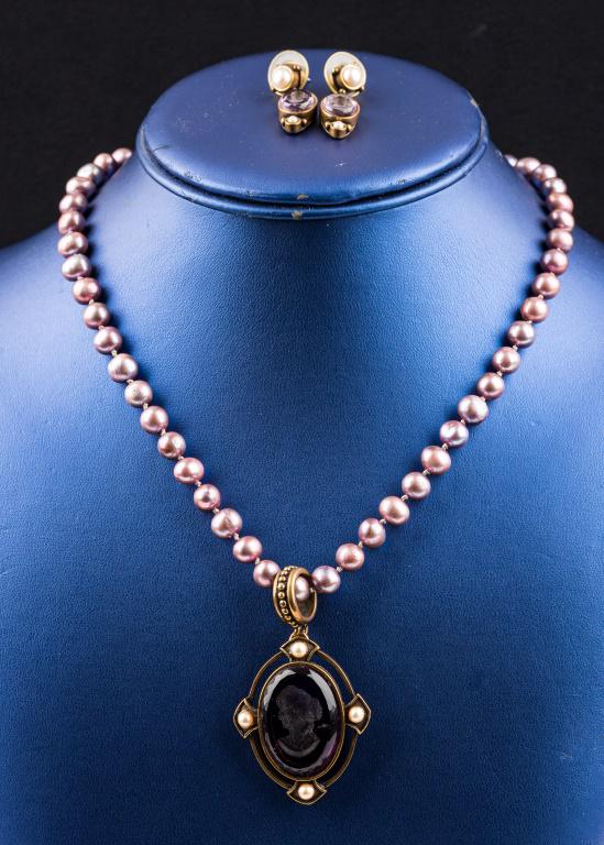 Designer Extasia Necklace: Extasia signed designer pearl necklace with intaglio and matching earrings.