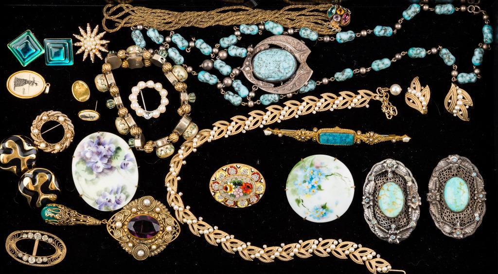 Trifari & Vintage Jewelry: Trifari signed pearl rhinestone gold tone necklace and earrings, 2 floral hand painted porcelain brooches, several circa 1940's turquoise style brooches and necklace, and more.