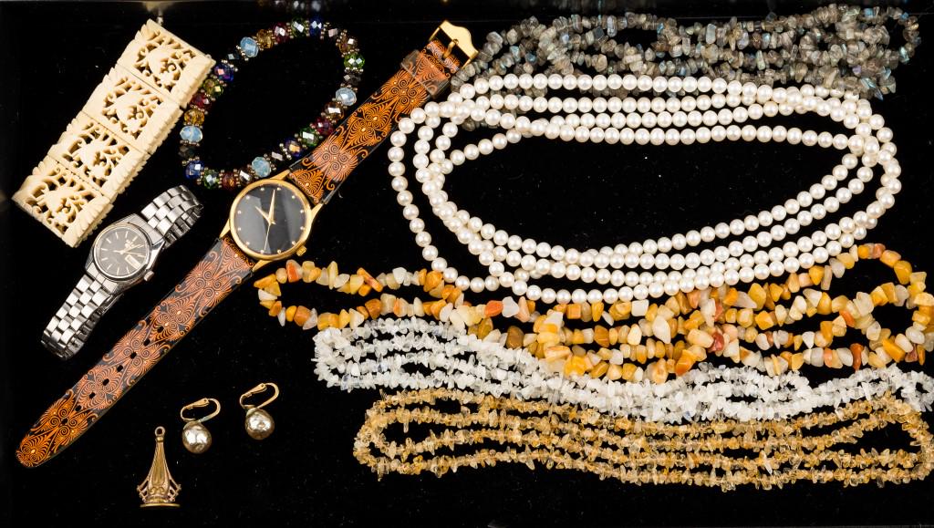 Watch & Vintage Jewelry: M.M.A. and Seiko water resistant watches, stone necklaces, carved bracelet, and long pearl necklace.