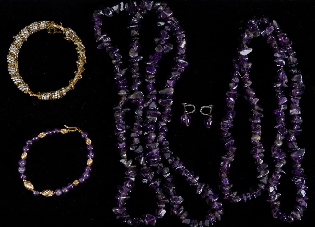 "Miriam Haskell" & Amethyst Jewelry Collection: "Miriam Haskell" signed filigree seed pearl bracelet (note: age pearl loss to bracelet), two long natural amethyst necklaces, amethyst silver screwback earrings and amethyst bangle bracelet.