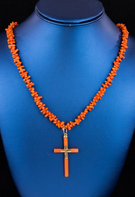 Victorian 14K Gold Cross Coral Necklace (1 of 4)