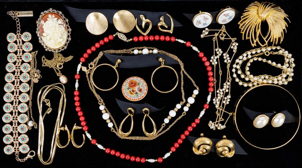 Italian Mosaic, Gold Filled, Monet Jewelry: 20 Items of jewelry featuring a micro mosaic Italian pin, a gold filled 18" necklace with freshwater pearls / red stone beads, Ronci gold filled 19" chain with small cameo, 15" gold filled chain with