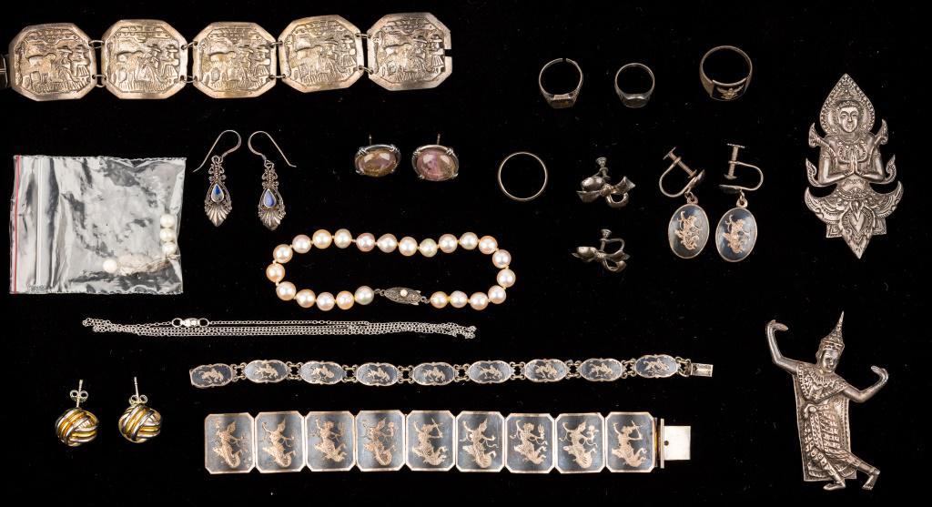 Sterling Silver Jewelry: 16 Items including Siam pins, rings, bracelets, and earrings, with Peruvian silver bracelet, pearl bracelet, and more.
