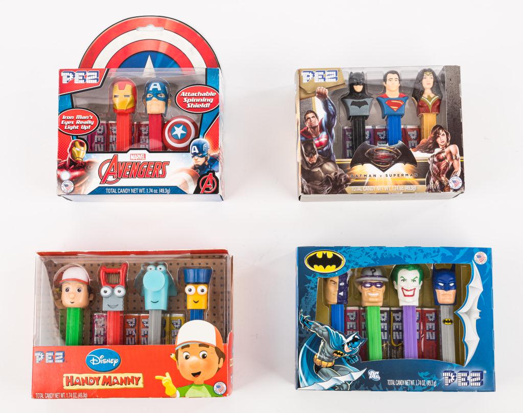PEZ Dispensers Sets & Others: Variety of PEZ dispensers including D.C. Batman, Batman Vs. Superman, Handy Manny, and Marvel Avengers, all new in box.