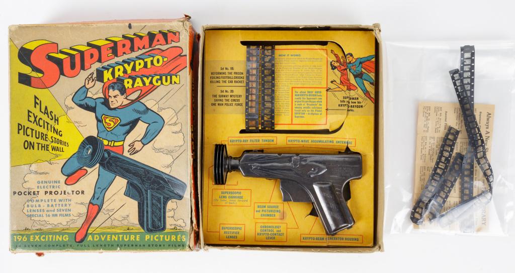 Daisy Brand Superman Krypto-Raygun with Box: Daisy brand Superman Krypto-Raygun projector pistol No. 94 in original box, with original instructions, and 6 film reels (2 are partials, not complete), box has condition issues with torn corners, as