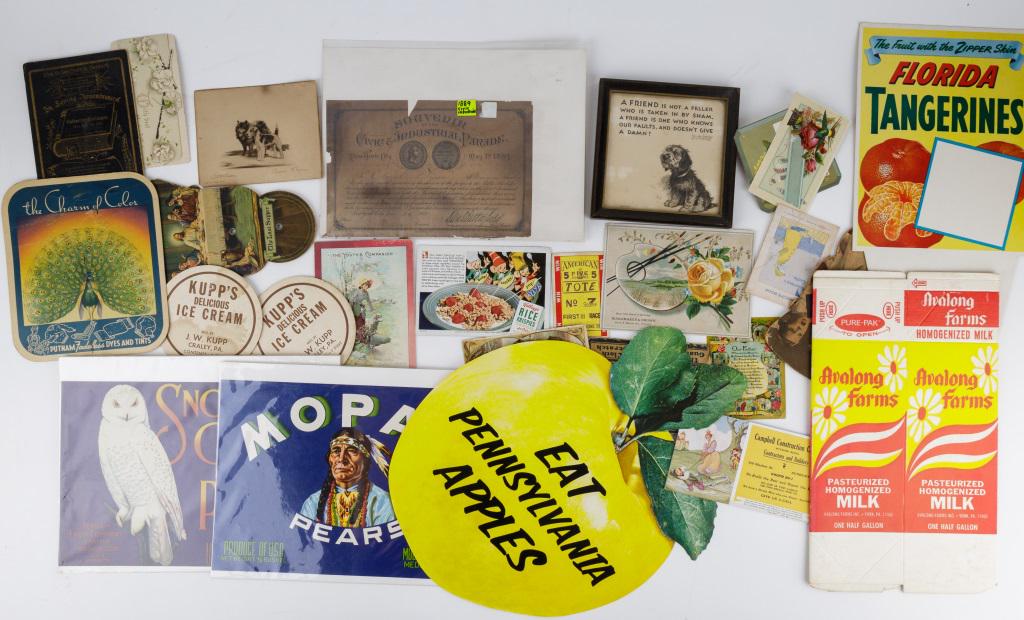 Vintage Pennsylvania Advertising and Others: Vintage Pennsylvania advertising and ephemera includes fruit signs, holiday and industry. There is a print of two dogs by Diana Thorne (approx 4" x 5") and a souvenir certificate of Civic & Industrial
