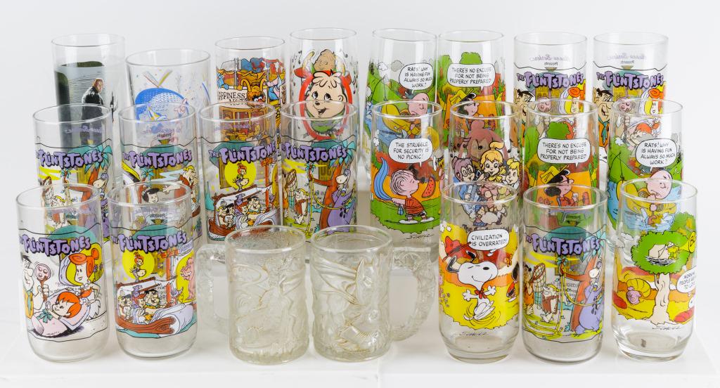 Vintage Collectible Character Drinking Glasses: Vintage 1980s - 1990s collectible glassware includes glasses including Flintstones, Snoopy, Chipmunks. There is also one Walt Disney World Remember the Magic glass.
