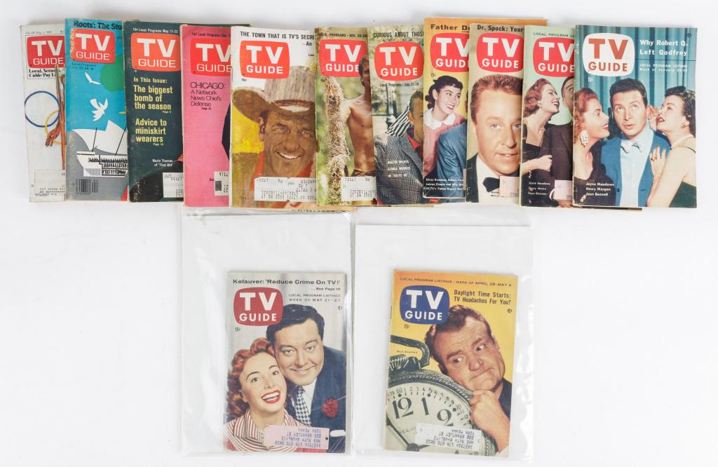 Vintage TV Guide Magazines: 13 Issues of vintage TV Guide magazines from the 1950's, 60's, 70's and 80's, with Henry Morgan, Red Skeleton, Father Knows Best, Ron Ely Tarzan, James Arness Gunsmoke, Green Acres, Roots by Alex Hale
