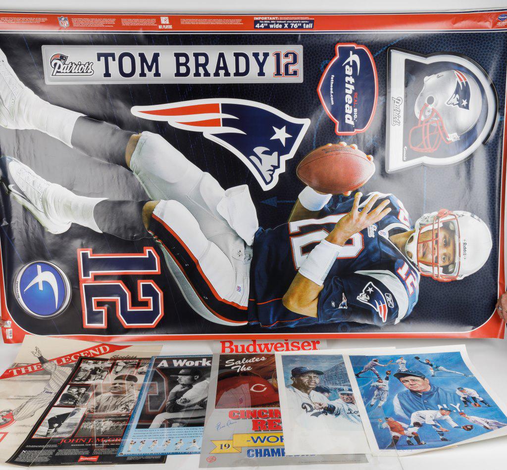 Sports Posters & Displays: Tom Brady Fathead football wall decor, Robert Steven Simon signed and numbered baseball poster, Bruce Stark signed and numbered Dodgers poster, 1990 Reds World Champs, Poster signed by Eric Davis and