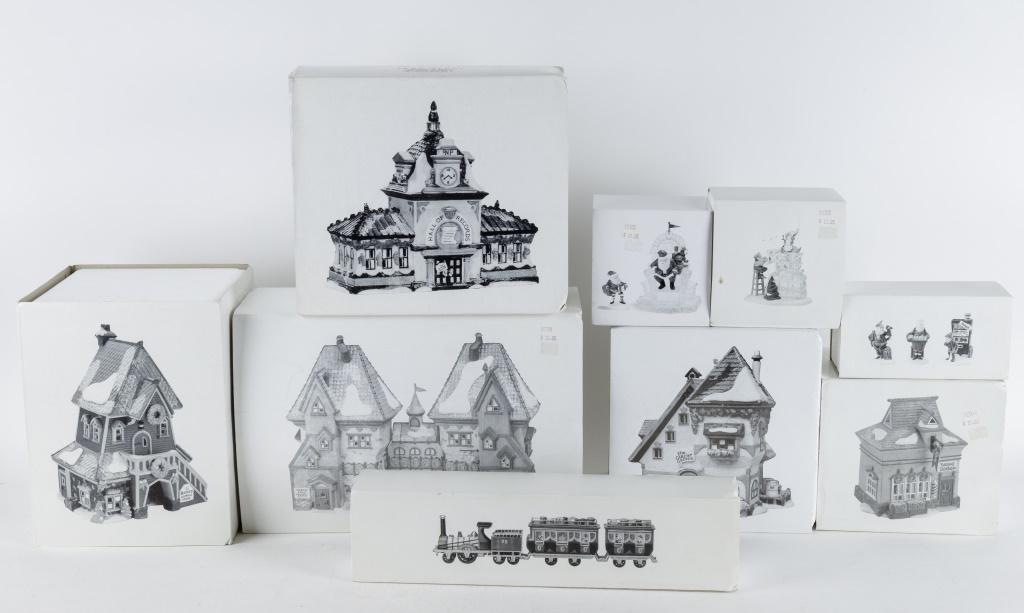 Department 56 Heritage Village Christmas Items: 'Santa's Rooming House', 'Hall of Records', North Pole Dolls & Santa's Bear Works', 'Beard Barber Shop', 'The Glacier Gazette', 'The Flying Scot' train, 'I'll Need More Toys' figures, 'A Busy Elf' sig