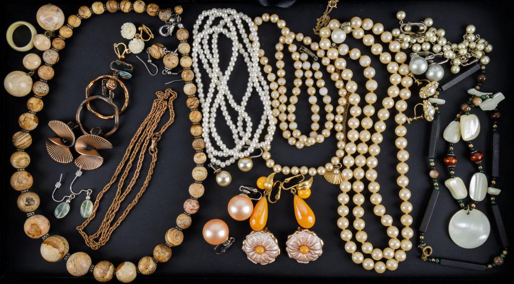 Costume Pearl and Stone Jewelry: Clip and screwback earrings, biggest pearl necklace 30", whitest small pearl necklace approx 35" L, fun orange plastic drop earrings, copper and more.