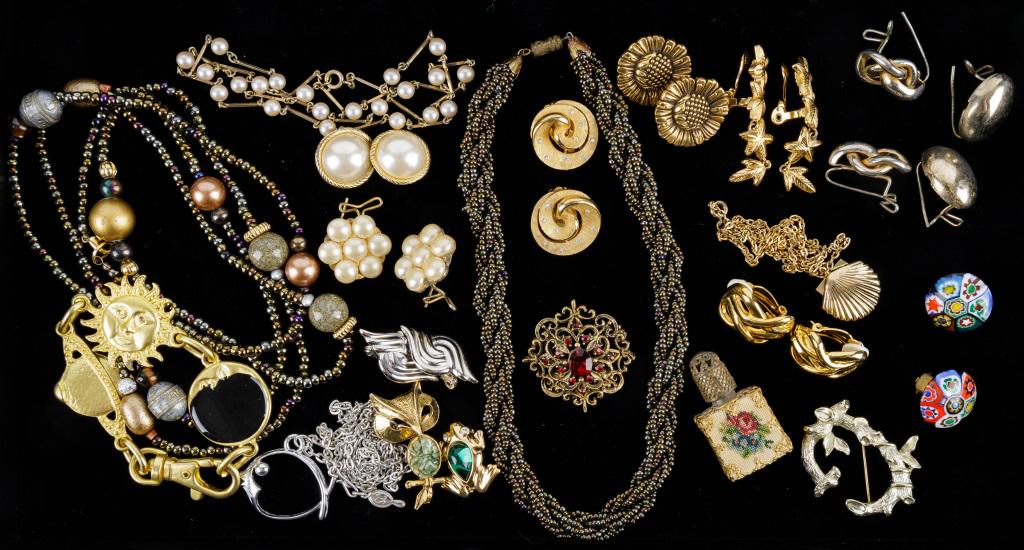 Costume and Designer Jewelry: Monet, Sarah Coventry, vintage earrings and an small old Austrian perfume bottle.