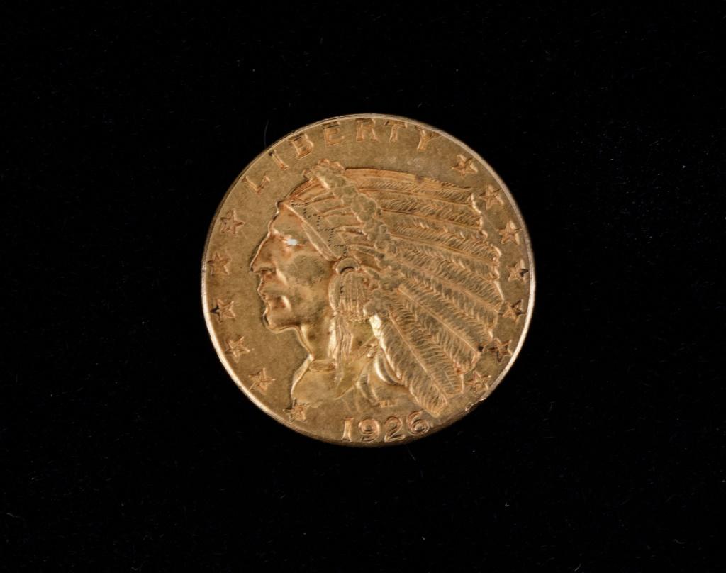 1926 Gold Coin: 1926 gold coin with Eagle on one side with 2 1/2 Dollars, E Pluribus Unum, In God We Trust, and United States of America and on the reverse an Indian with the word Liberty and 13 stars. Approx 3/4" di