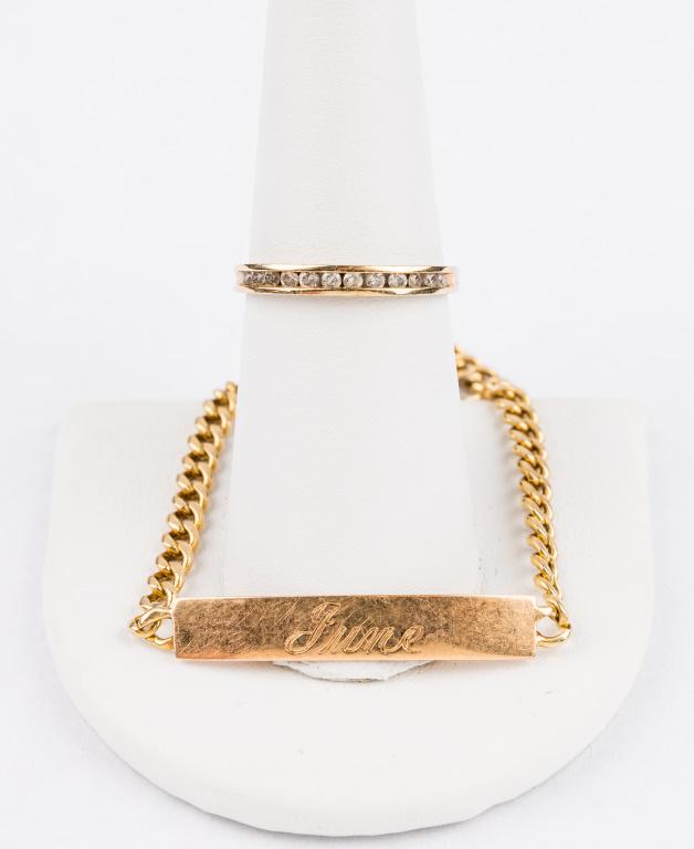 14K Gold ID Bracelet and 10K Diamond Band: 7" L Bracelet engraved "June" weighs 4.1 DWT and size 7.5 10K gold wedding band has 12 inset diamonds (.96 DWT).