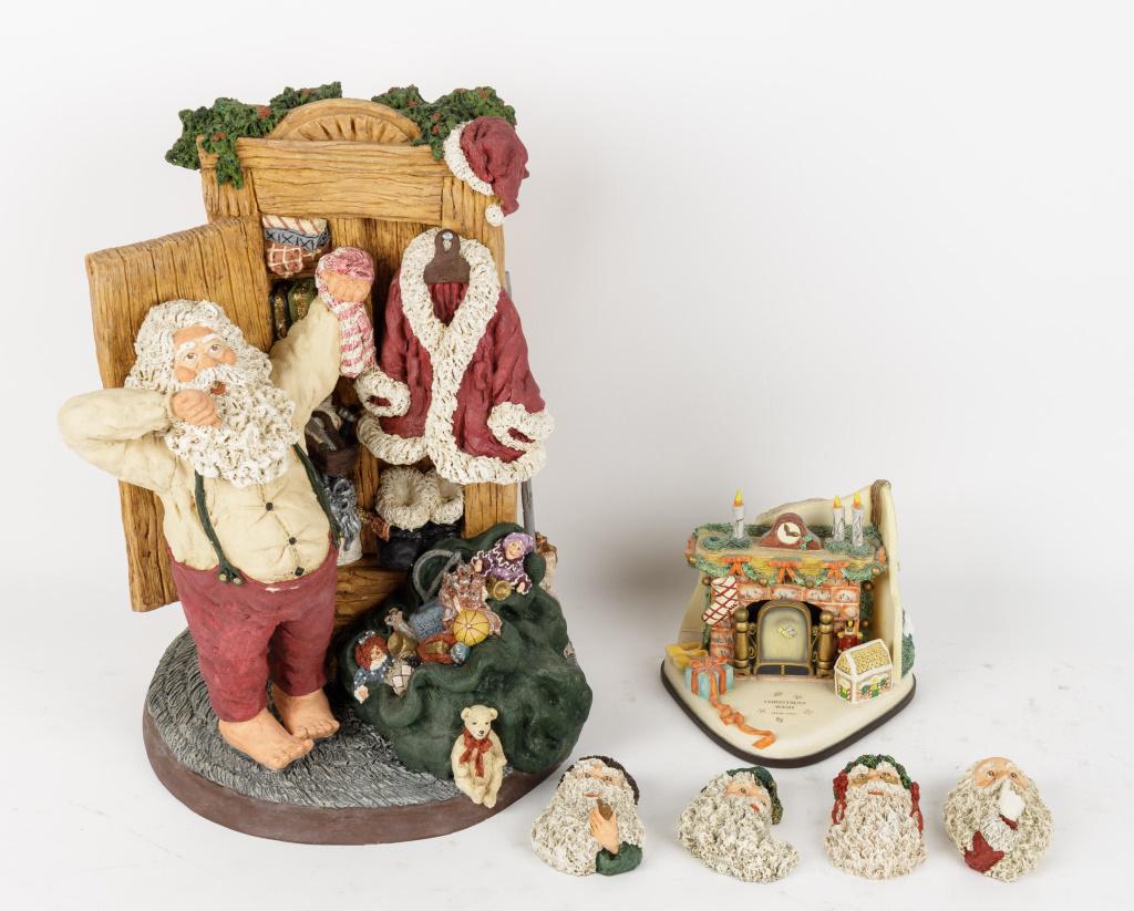 June McKenna, Goebel Christmas Santa: Large signed June McKenna 1989 140/1500 Santa figure approx 15.5"H and 4 ornaments, and Goebel 'Christmas Wish' musical fireplace (missing candle from mantel) has original box.