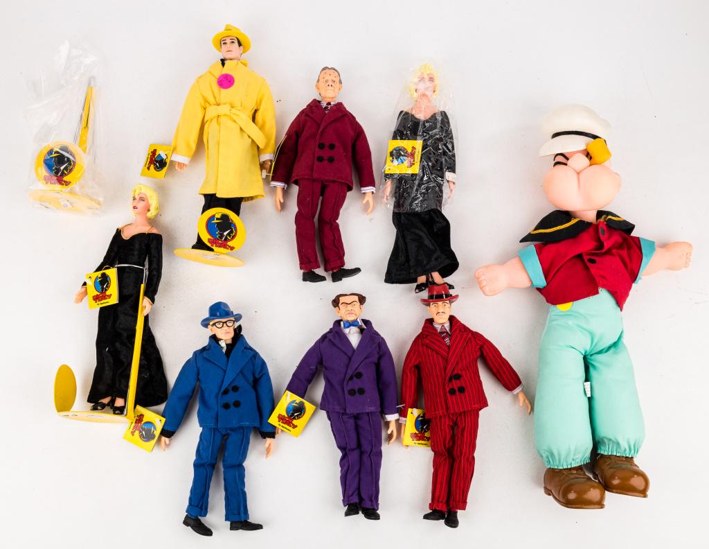 Disney Dick Tracy Dolls, Popeye Doll: 7 Disney Dick Tracy dolls by Applause, including Dick Tracy, 2 Breathless, Itchy, Pruneface, Flattop, and Big Boy, with 3 matching Dick Tracy doll stands, and Popeye doll with detached head (glue appe