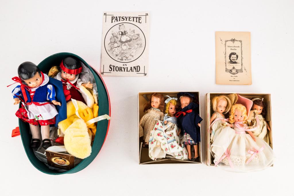 Effanbee Storyland Dolls, Story Book Dolls: 6 Story Book Dolls brand dolls with 2 boxes and 2 inserts, and 2 Patsyette Effanbee brand dolls including Snow White and another with teddy bear.