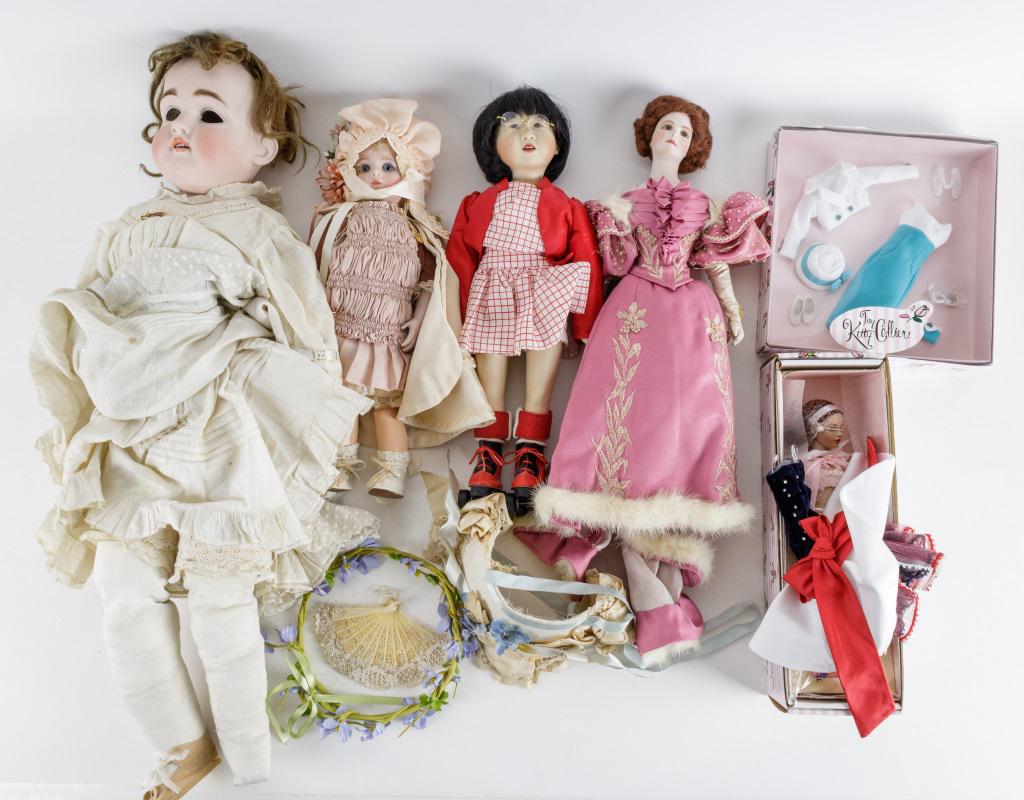 Tiny Kitty Collier, UFDC, Whatley & Other Dolls: Tonner Tiny Kitty Collier 2004 Basic Red NIB doll with NIB 'Turquoise Treat' outfit, Jan Heyn-Cubacub Hanako 185/200 doll from the 'Rollerskating' series, 'Rose' UFDC Kansas City 1982 doll with one of