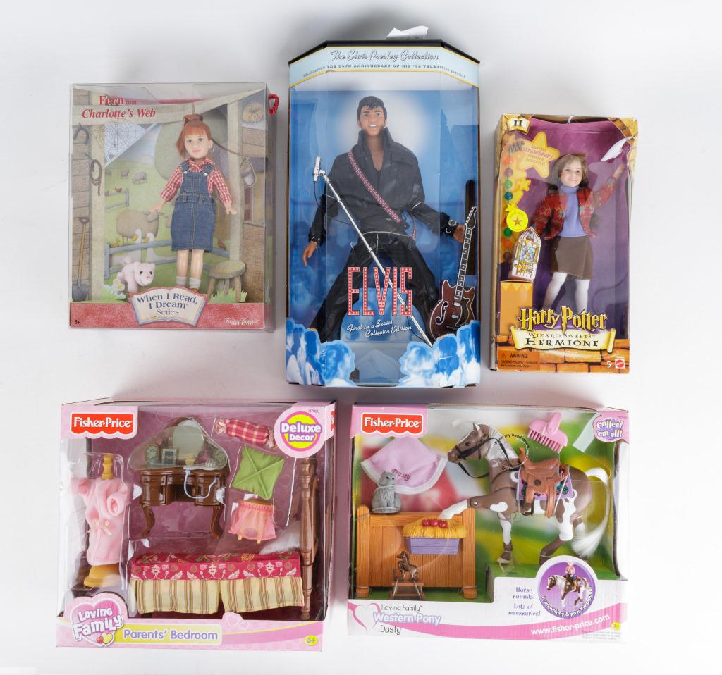 Elvis, Harry Potter & Other Collectible Dolls: Mattel First in series 1998 Elvis doll NIB (slight loss to box), Mattel 'Wizard Sweets Hermione' NIB (box bends to left side), Timeless Treasures Charlottes Web 'Fern', and Fisher-Price Loving Family 