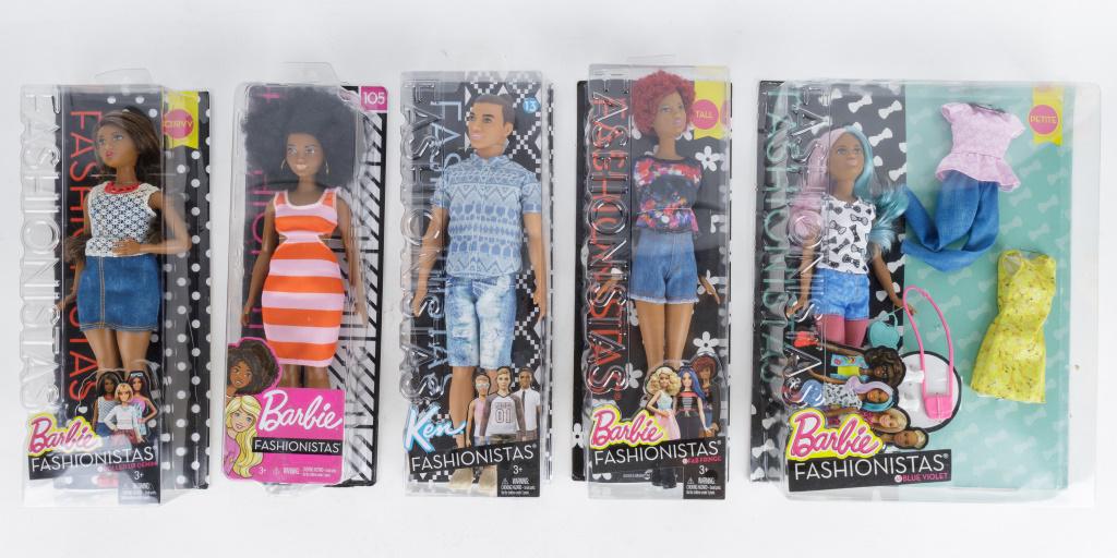 Barbie Fashionistas Dolls: 2015 #42 'Blue Violet' (plastic has separated from cardboard backing), 2016 Ken #13 (broken plastic on right side), 2015 #33 'Fab Fringe', 2018 #105, and 2015 #32 'Dolled up Denim' (some separation of