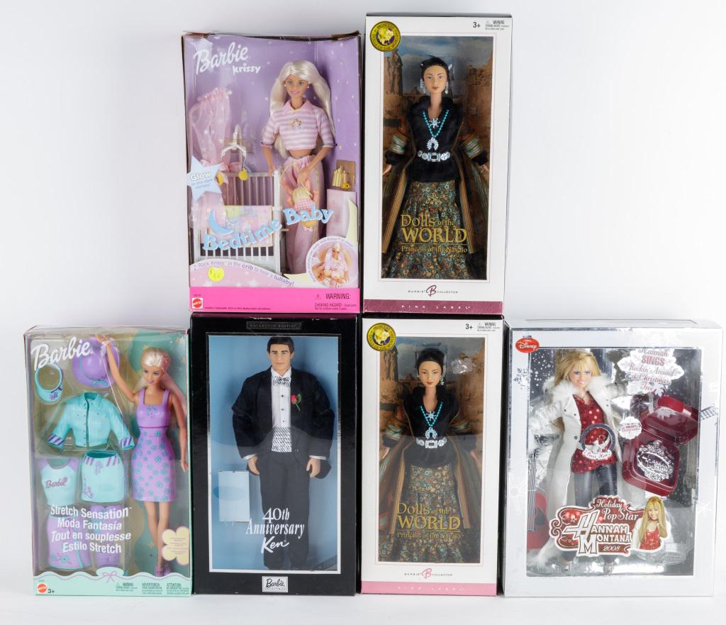 Barbie & Disney Dolls: 40th Anniversary Ken with miniature Ken doll (loose), 2003 'Stretch Sensation' Barbie (bends in box, split in plastic at top), 2000 Barbie & Krissy 'Bedtime Baby' (baby is somewhat moved in box, bends