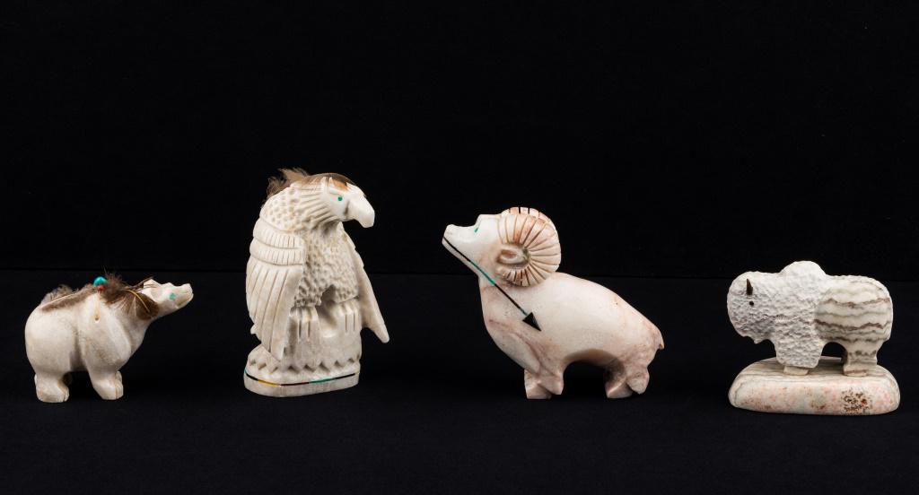 Ben Livingston & Other Native American Fetishes: Signed Ben Livingston alabaster eagle and initialed bear, both with medicine bundles, and unsigned big horn sheep assumed to also be by Ben Livingston, and signed 'Franklin 02' alabaster white buffalo