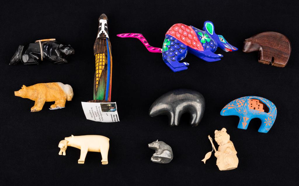 Native American Carved Stone & Wood Fetish & More: Navajo initialed 'Nancy Woodman' carved wood figure with artist card on bottom, a signed 'T.Q.' black badger, terracotta in blue signed 'Acoma WN Susan S. 2011', sticker marked 'Fred Bowannie' wolf Zu