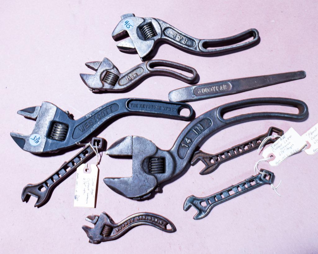 Early 20th C Goodyear Tool, S Adjustable Wrenches: Includes five "S" shaped adjustable wrenches including a 14" T. House, 12" Keystone MFG CO., 5 .5" Bonney Allentown, PA, 10" B&C, and 8" unmarked. Lot also includes a Goodyear tire changing tool, thre