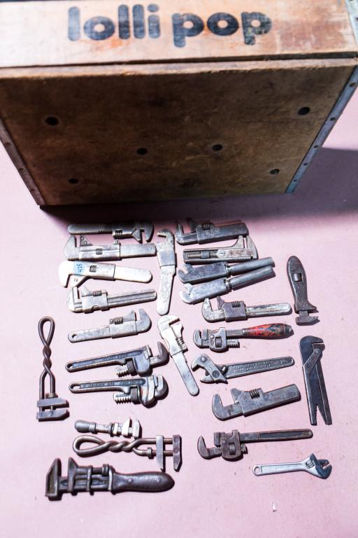 Early 20th C Small Adjustable Wrenches (25): Includes mostly monkey wrenches by Ridge Tool Co., Proto, Wakefield, two A-I, Walworth, Tellman Wrench Corp., two Boos Tool Corp., Craftsman, Bohn US Wrench Co., Springfield Drop Forging Co., and 13 o