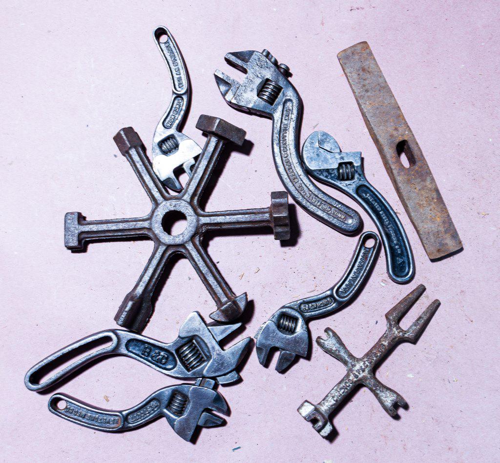 Early 20th C Adjustable "S" Wrenches & More (8): Includes "S" wrenches by B&C 8", The Billings & Spencer Co. 6" and 8", three Westcott Keystone Mfg Co. 6", plus a Universal Combination tool for drums and a Chicago Spec MFG Co. Malleable multi-tool.
