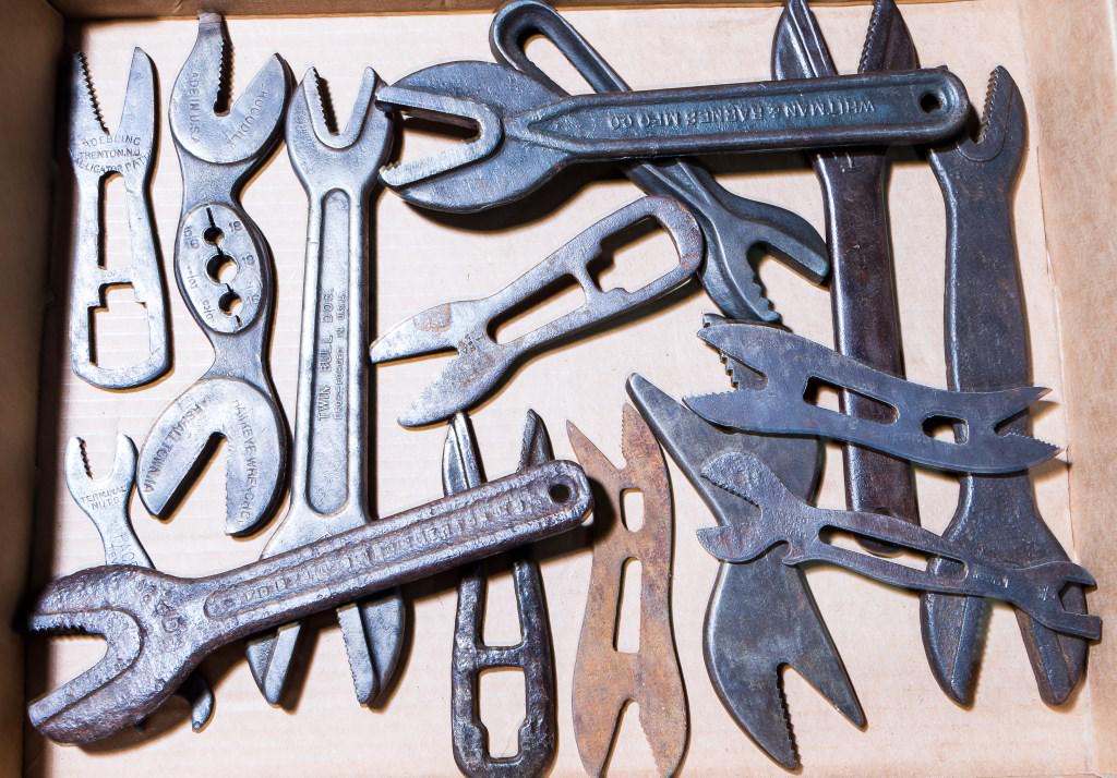 Early 20th C Alligator Wrenches (15): Includes alligator wrenches by Whitman & Barnes Mfg. Co., two different J. H. Williams & Co., Kenney Vice & Tool Works Inc., two different Roebling Inc. (one 1898), Hawkeye Wrench Co., Ronson, Pace Wr
